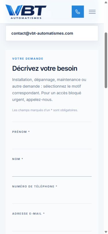 Aperçu de la page d’accueil du site VBT Automatismes sur mobile